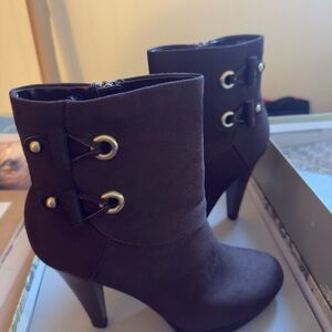 Limelight Brown Heeled Boots with Gold Accents